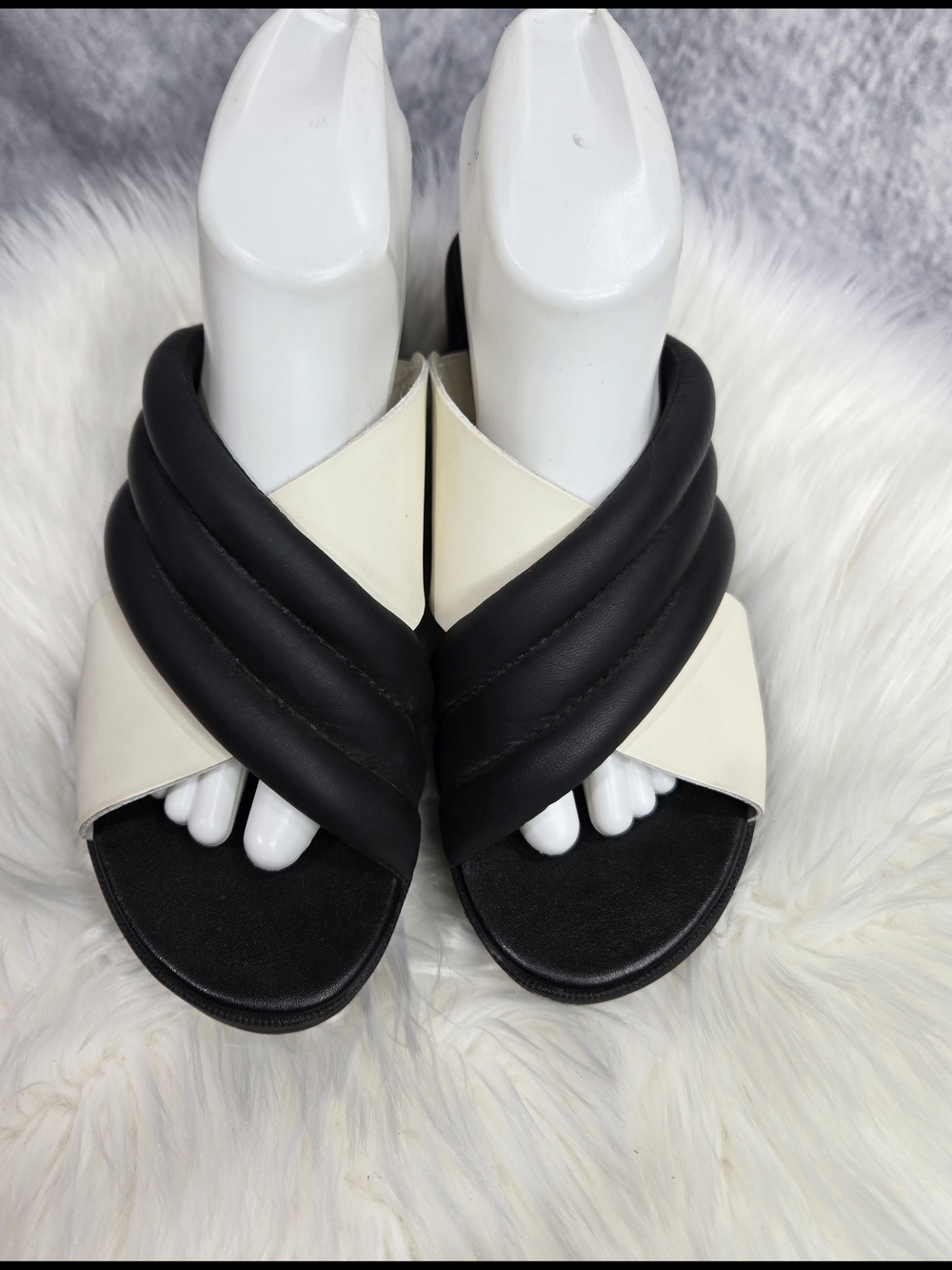 SOREL Cameron Puff Flatform Slide Sandal in the "Black / Sea Salt" color scheme
